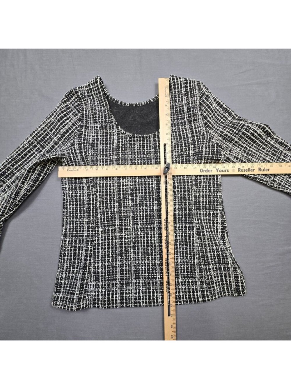 Talbots Small Knit Top Black/White Plaid Print Bell Sleeve Stretch Pullover - Picture 4 of 4